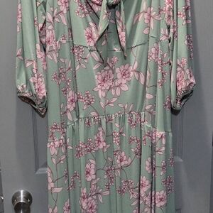 Eloquii Green Dress with Pink Floral Pattern